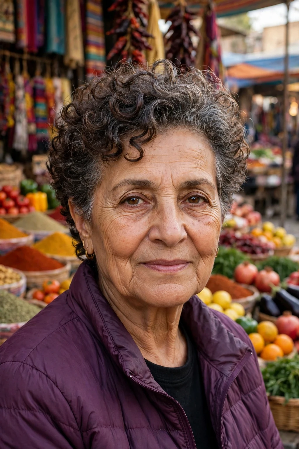 A stylish Middle Eastern woman in her 70s with a tapered curly cut, wearing a plum jacket, at an outdoor market.