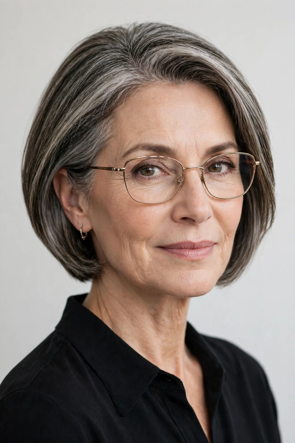 Elegant woman over 50 with glasses and tapered medium cut, neat graduated shape, refined light.