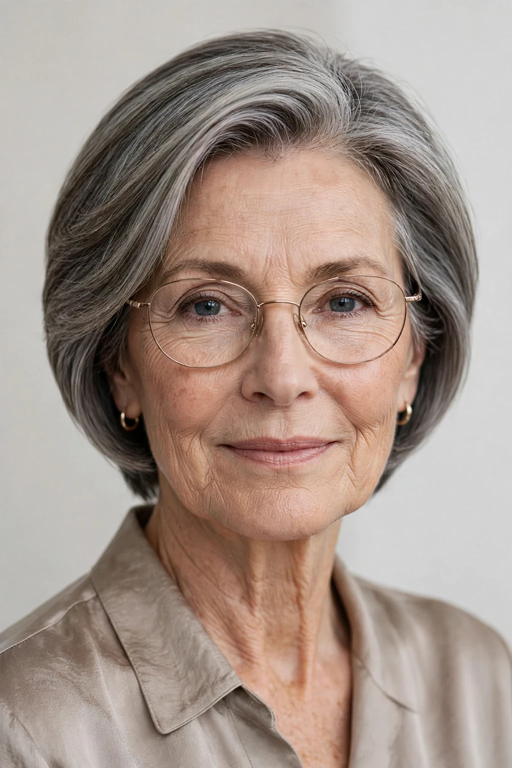Elegant woman over 60 with glasses and tapered medium cut, neat graduated shape, refined light.