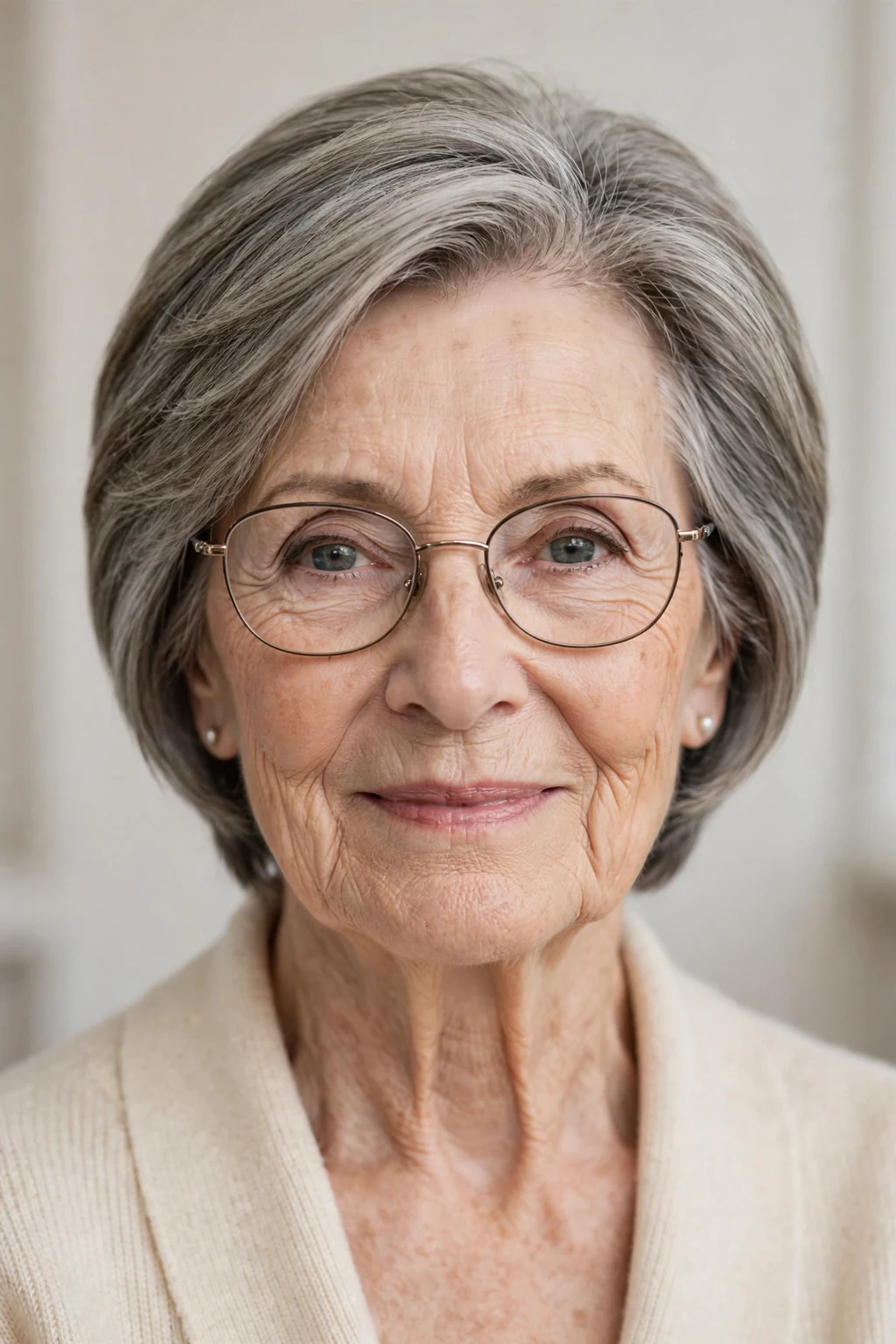 Elegant woman over 70 with glasses and tapered medium cut, neat graduated shape, refined light.