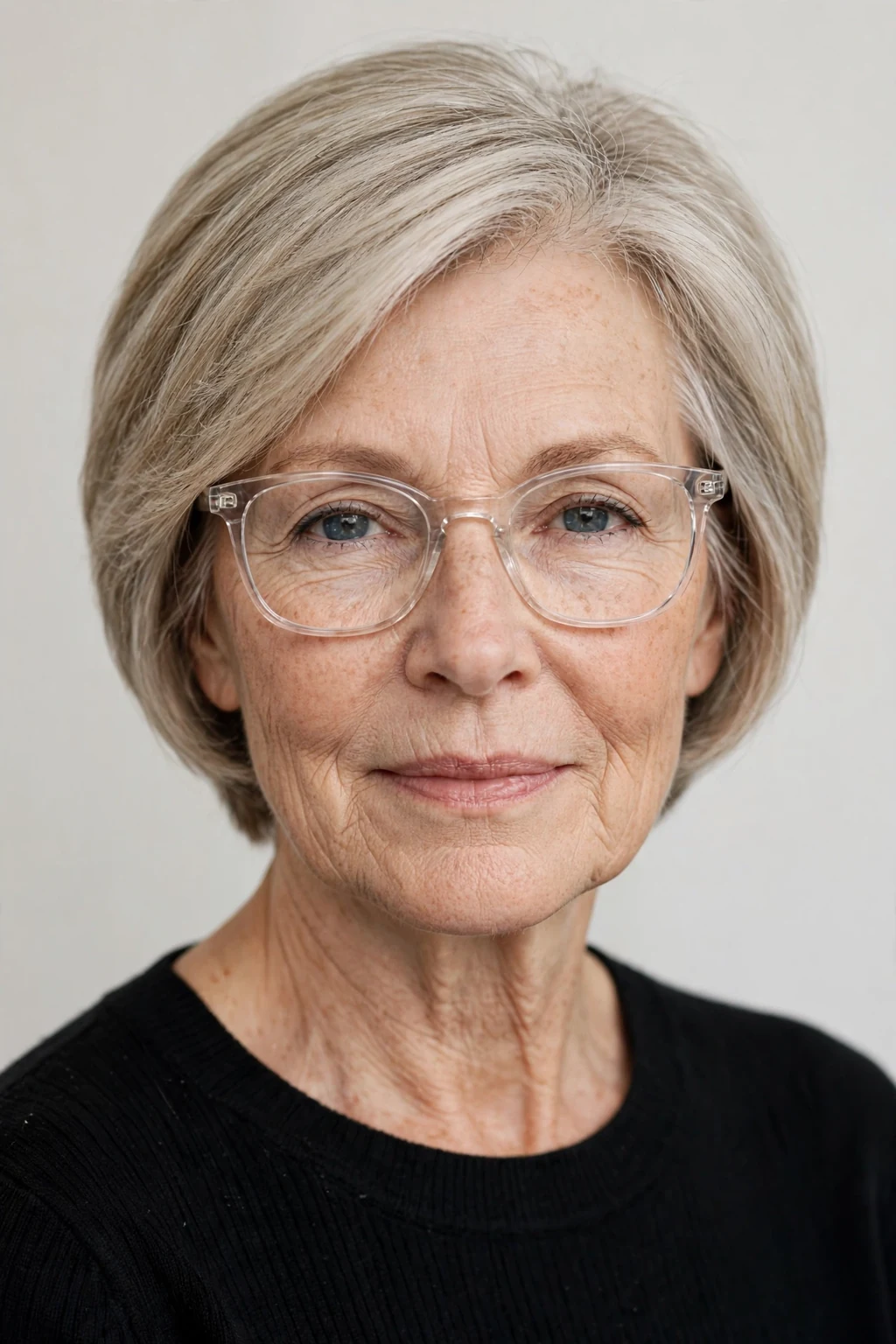 Elegant woman over 60 with fine hair and glasses and tapered medium cut, neat graduated shape, refined light.