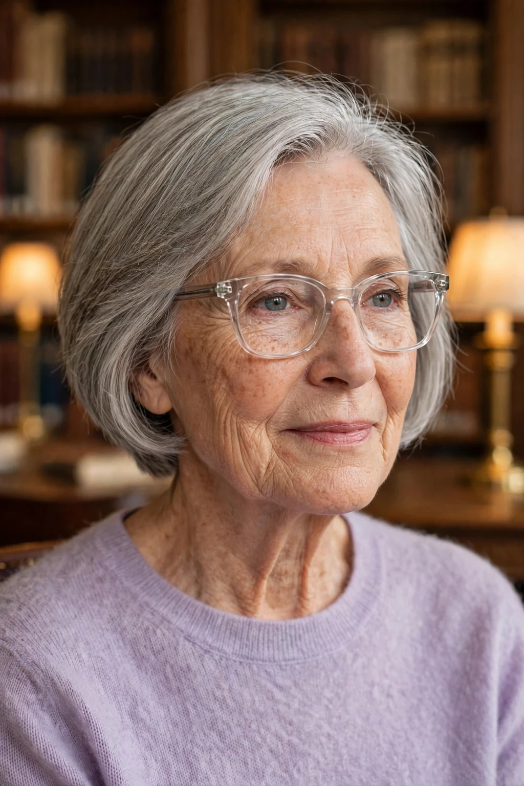 Elegant older woman over 70 with fine hair and glasses and tapered medium cut, neat graduated shape, refined light.