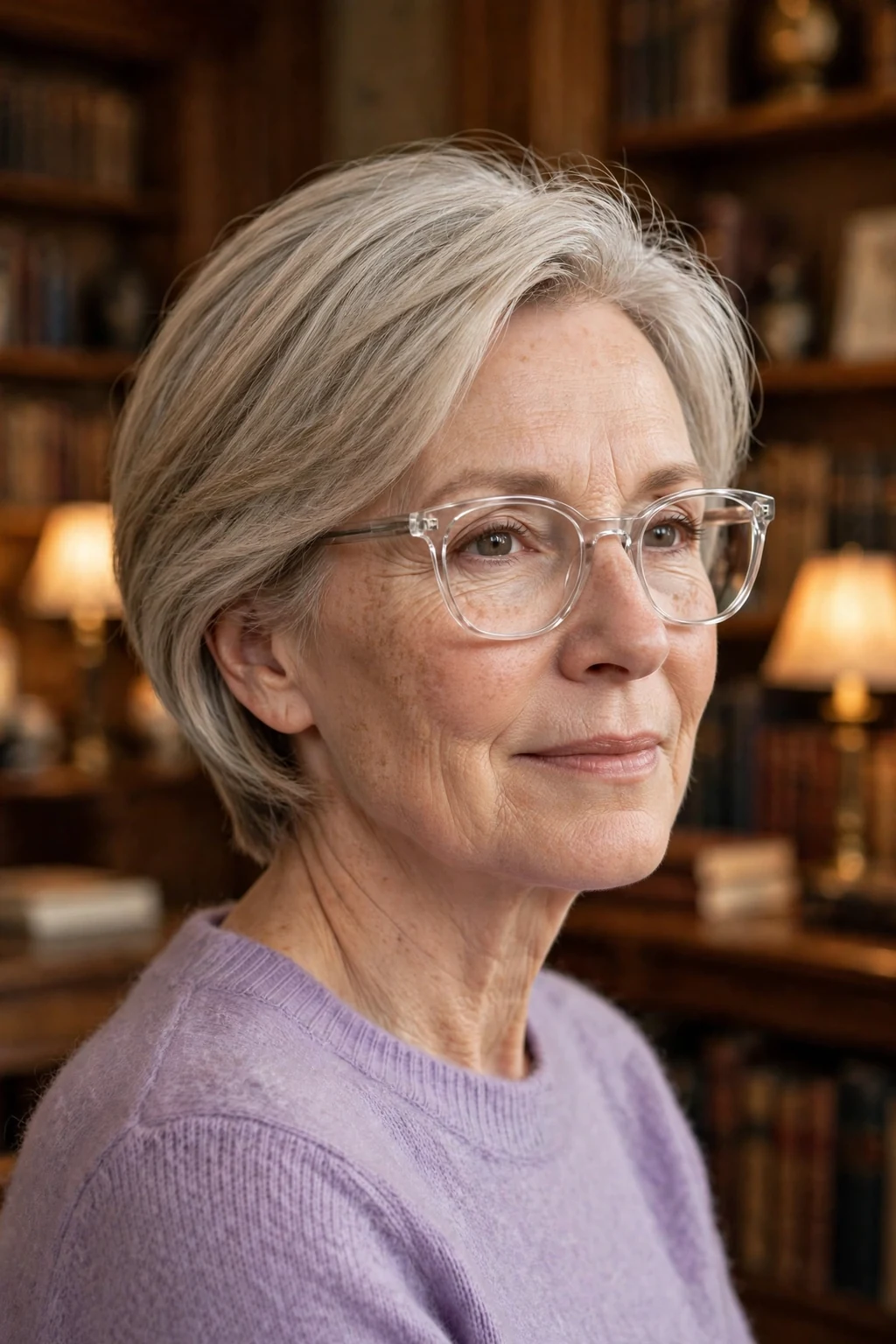 Elegant woman over 60 with fine hair and glasses and tapered medium cut, neat graduated shape, refined light.