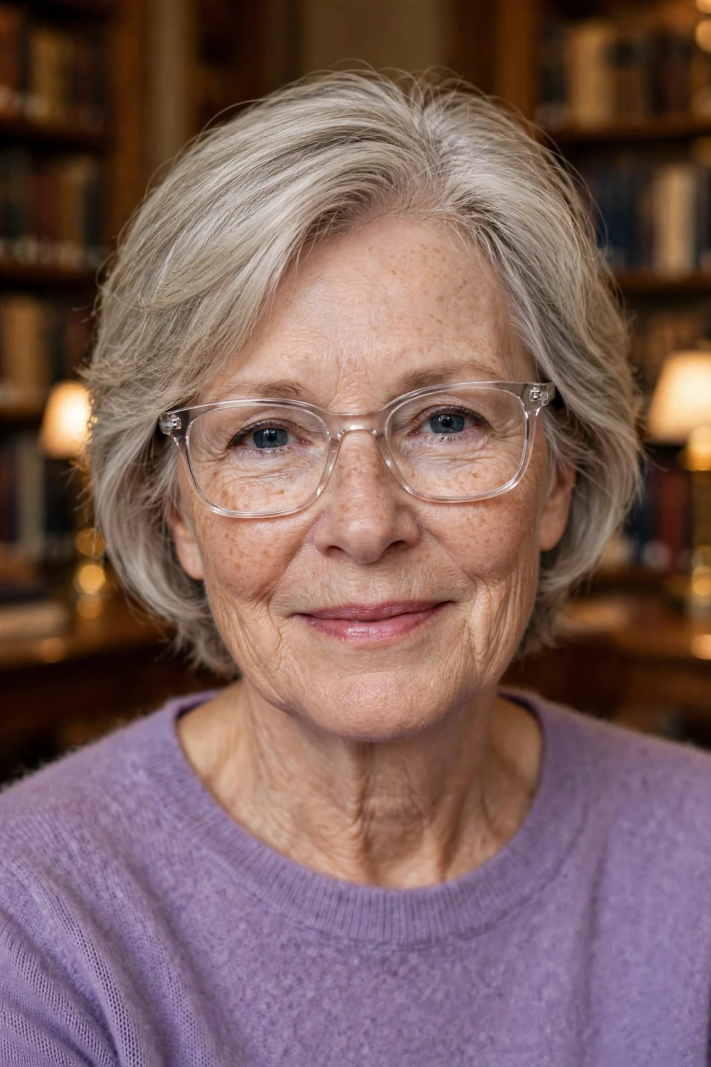 Elegant woman over 60 with fine hair and glasses and tapered medium cut, neat graduated shape, refined light.