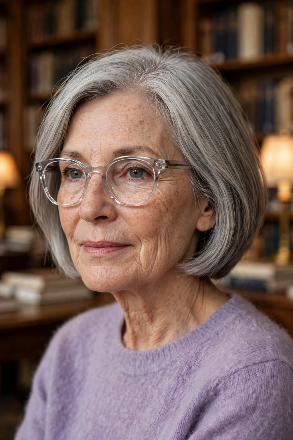 Elegant older woman with fine hair and glasses and tapered medium cut, neat graduated shape, refined light.