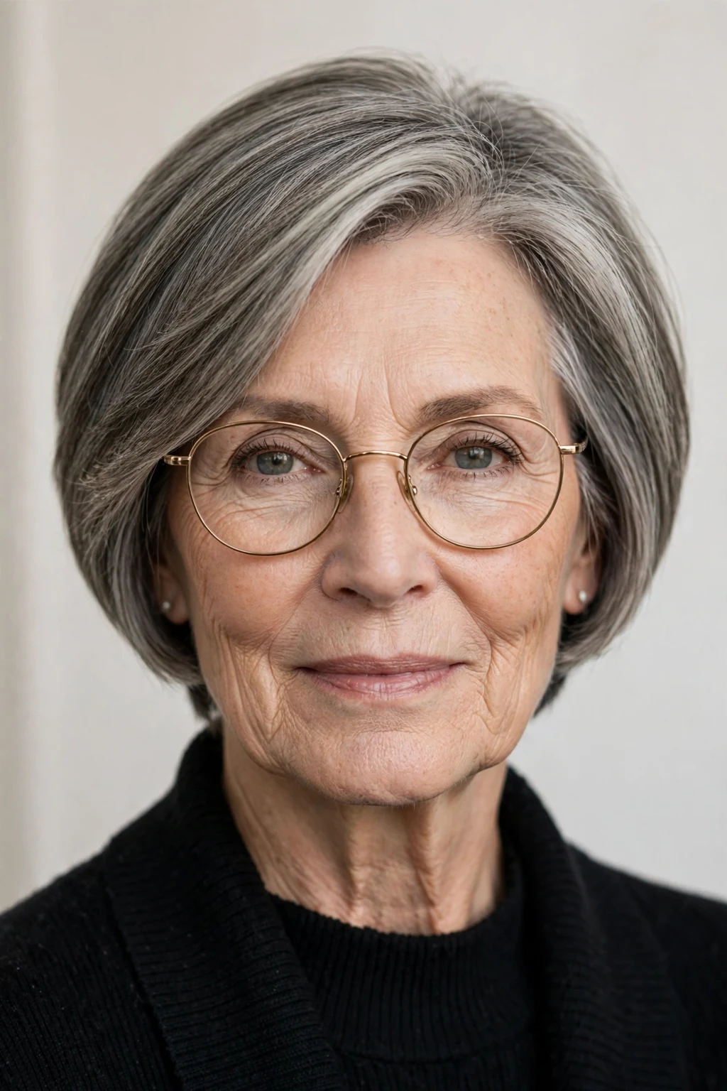 Elegant older woman with glasses and tapered medium cut, neat graduated shape, refined light.