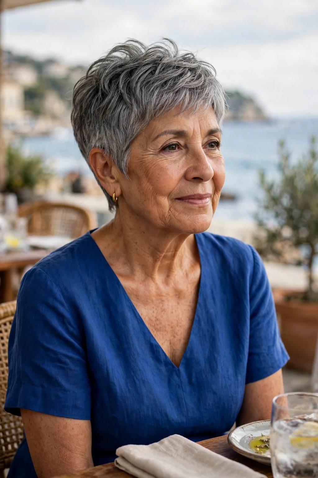 A woman in her mid 60s with a gray pixie cut and tapered nape, wearing a cobalt blue dress at a seaside restaurant.