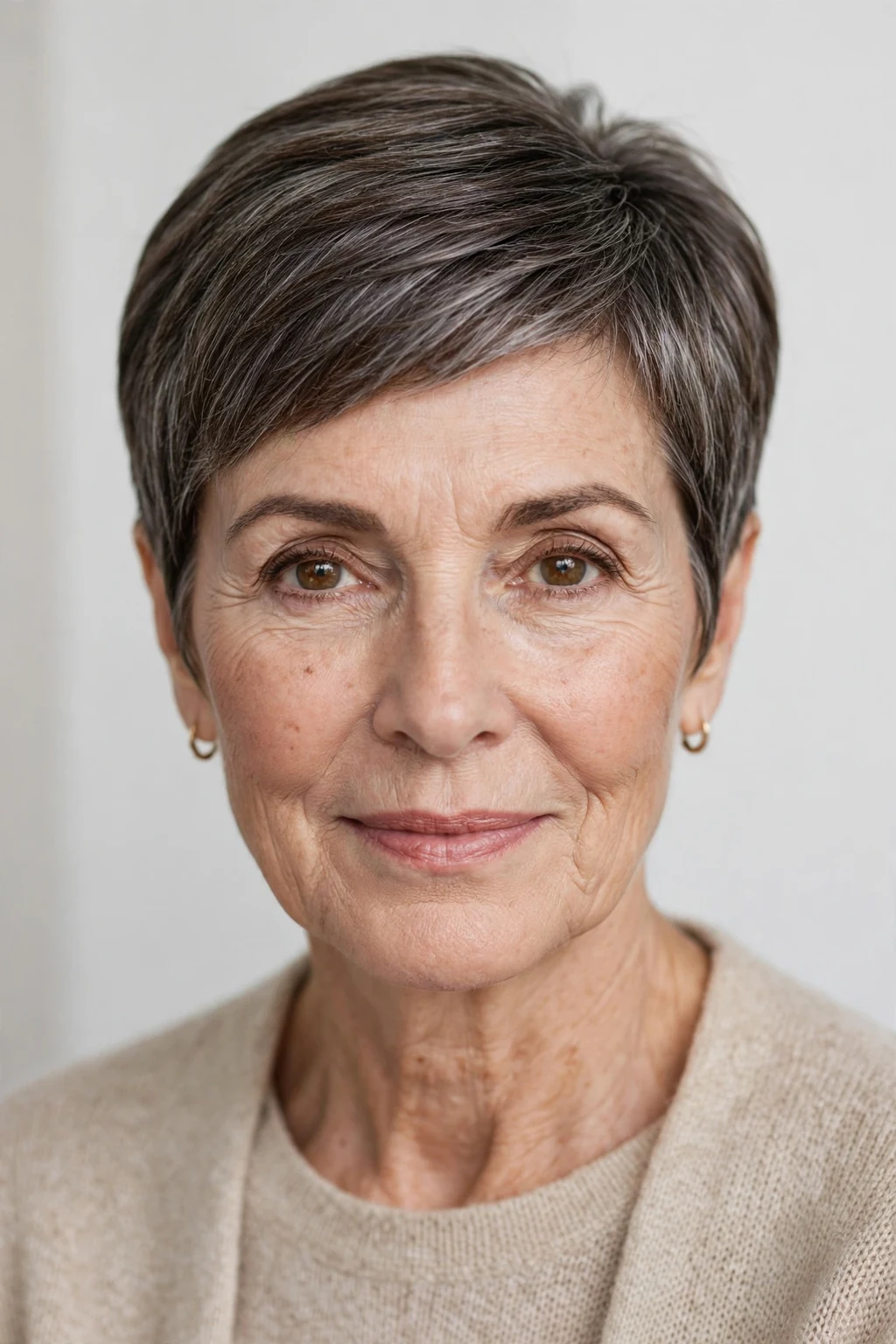 Elegant woman over 50 with tapered pixie, neat graduated shape, refined light.