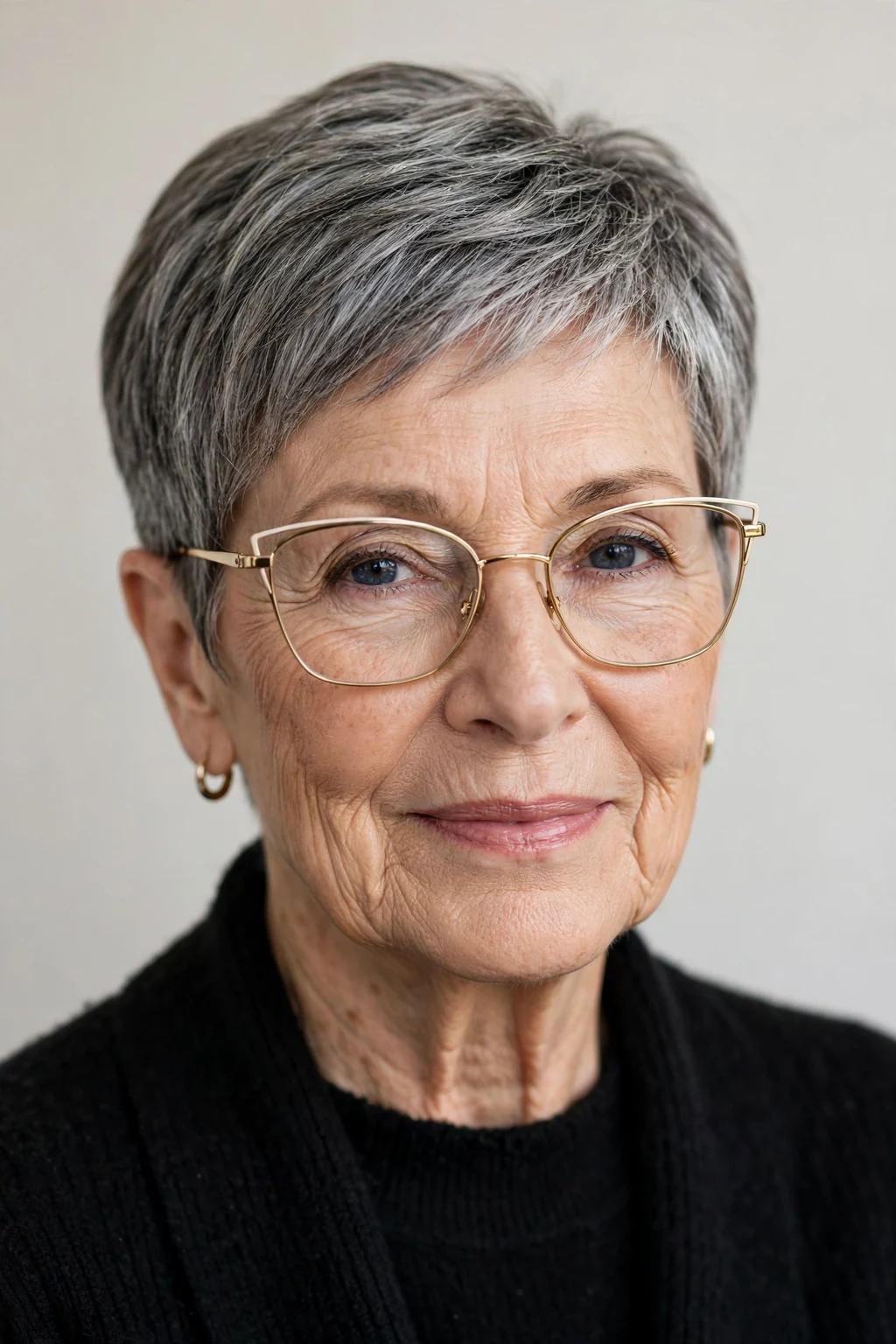 Elegant woman over 60 with glasses and tapered pixie, neat graduated shape, refined light.