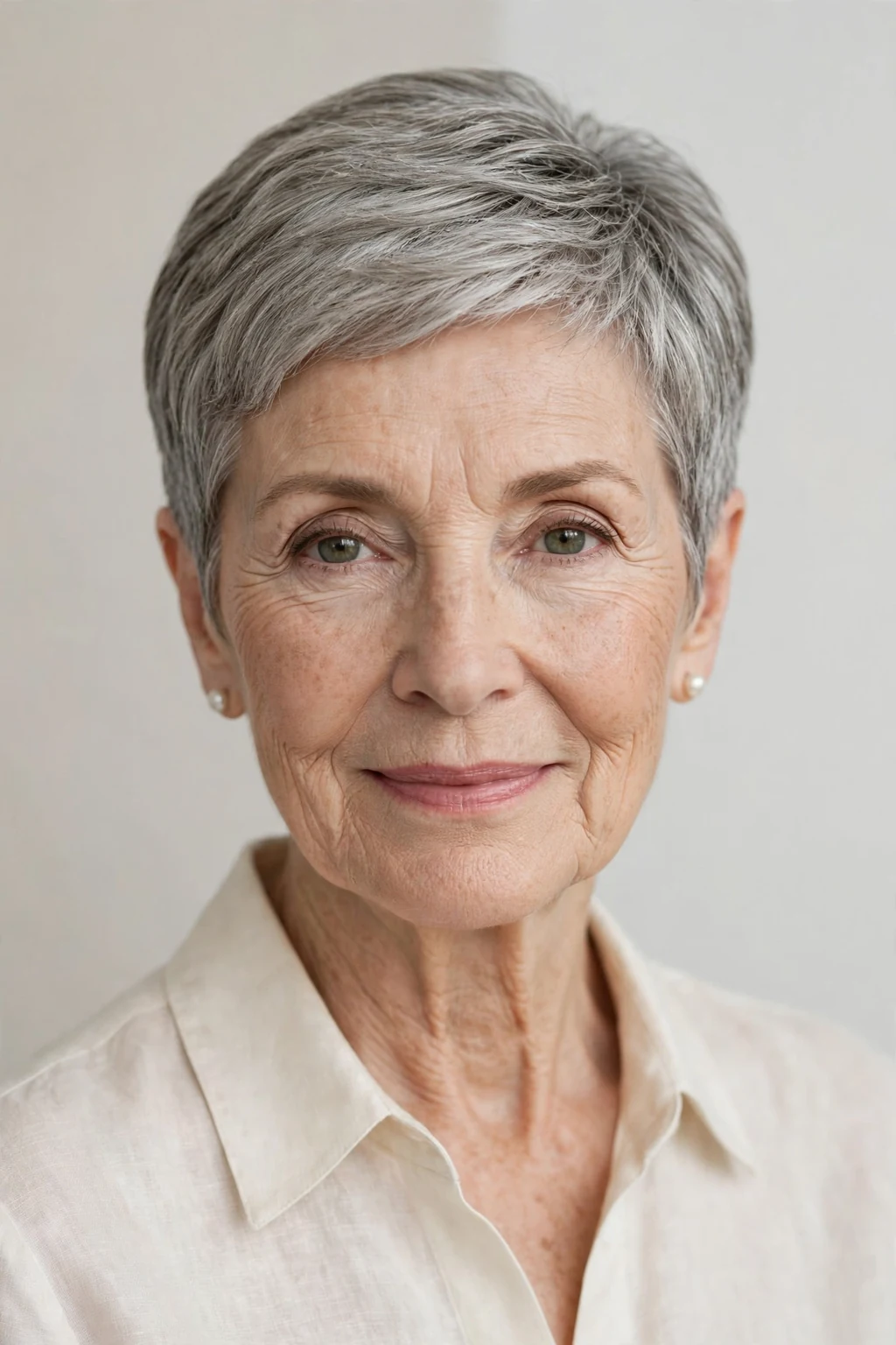 Elegant woman over 60 with tapered pixie, neat graduated shape, refined light.