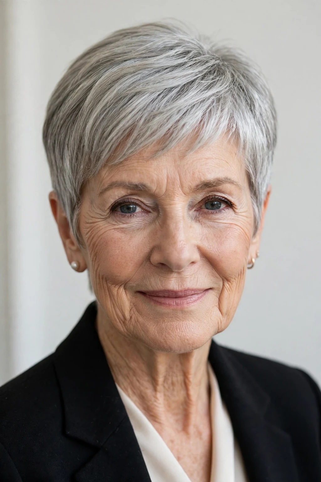 Elegant woman over 70 with tapered pixie, neat graduated shape, refined light.