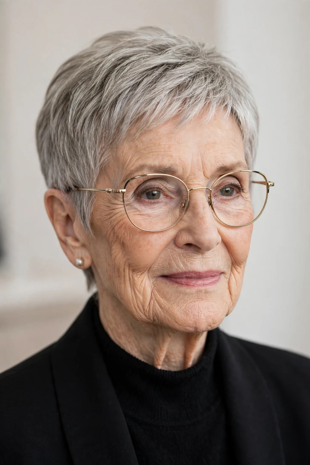 Elegant woman over 80 with glasses and tapered pixie, neat graduated shape, refined light.
