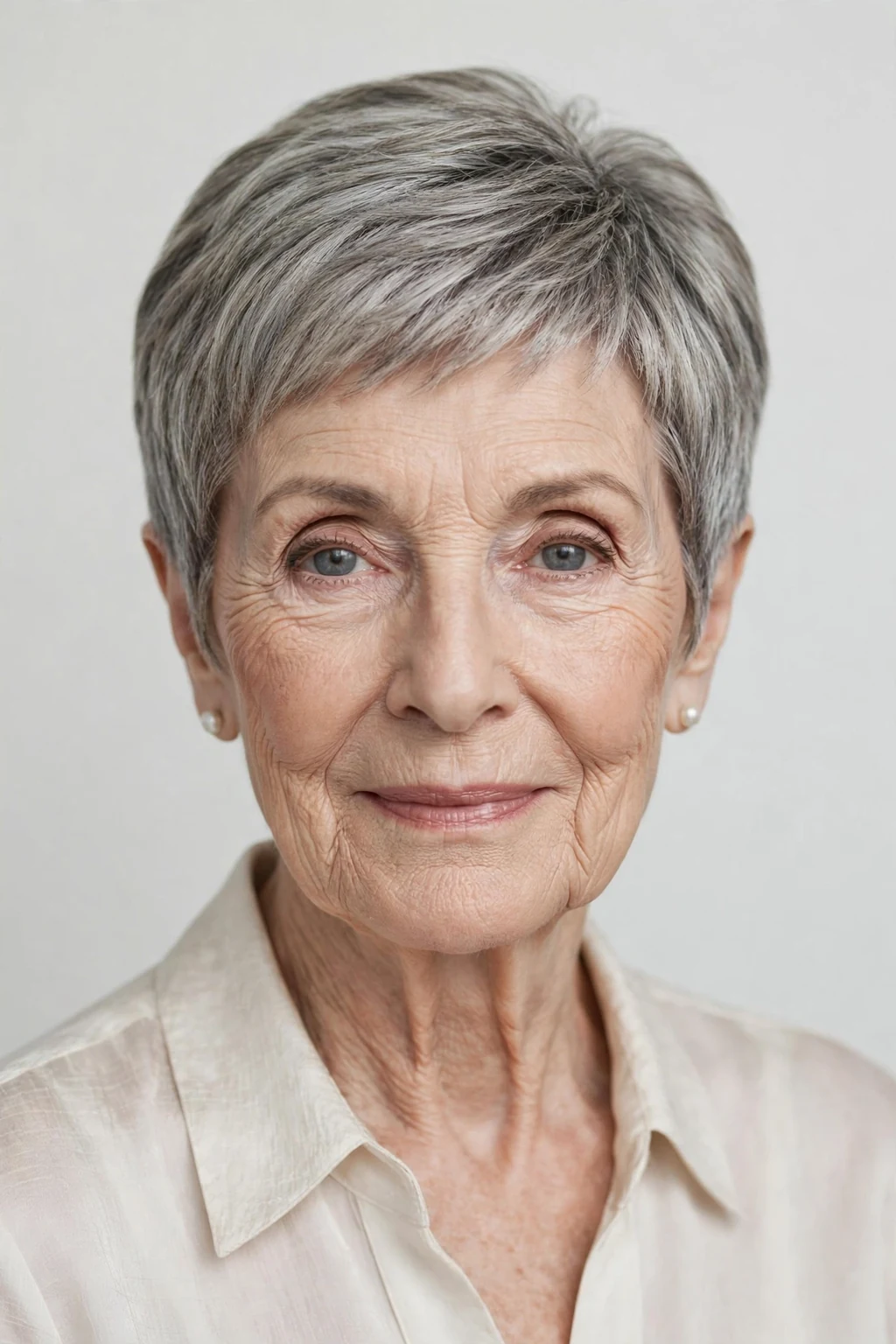 Elegant woman over 80 with tapered pixie, neat graduated shape, refined light.