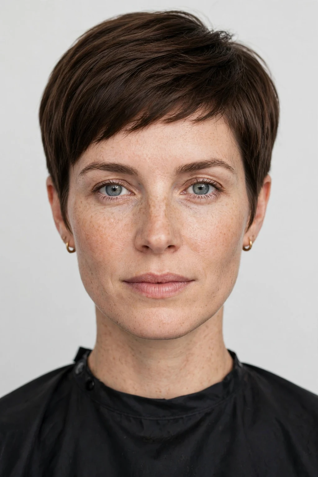 Woman with tapered pixie bob, neat graduated nape, clean precise cut.