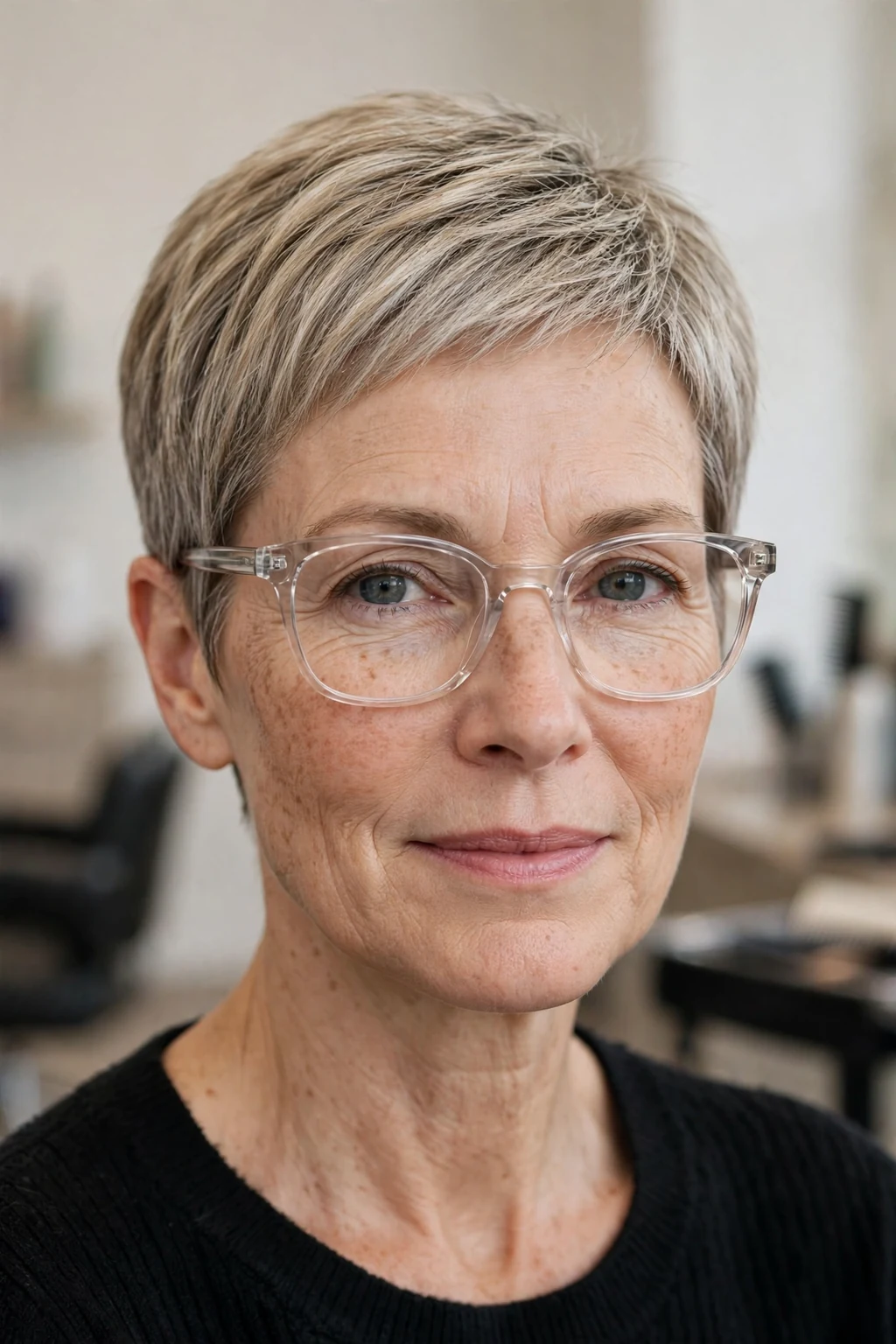 Elegant woman over 50 with fine hair and glasses and tapered pixie, neat graduated shape, refined light.