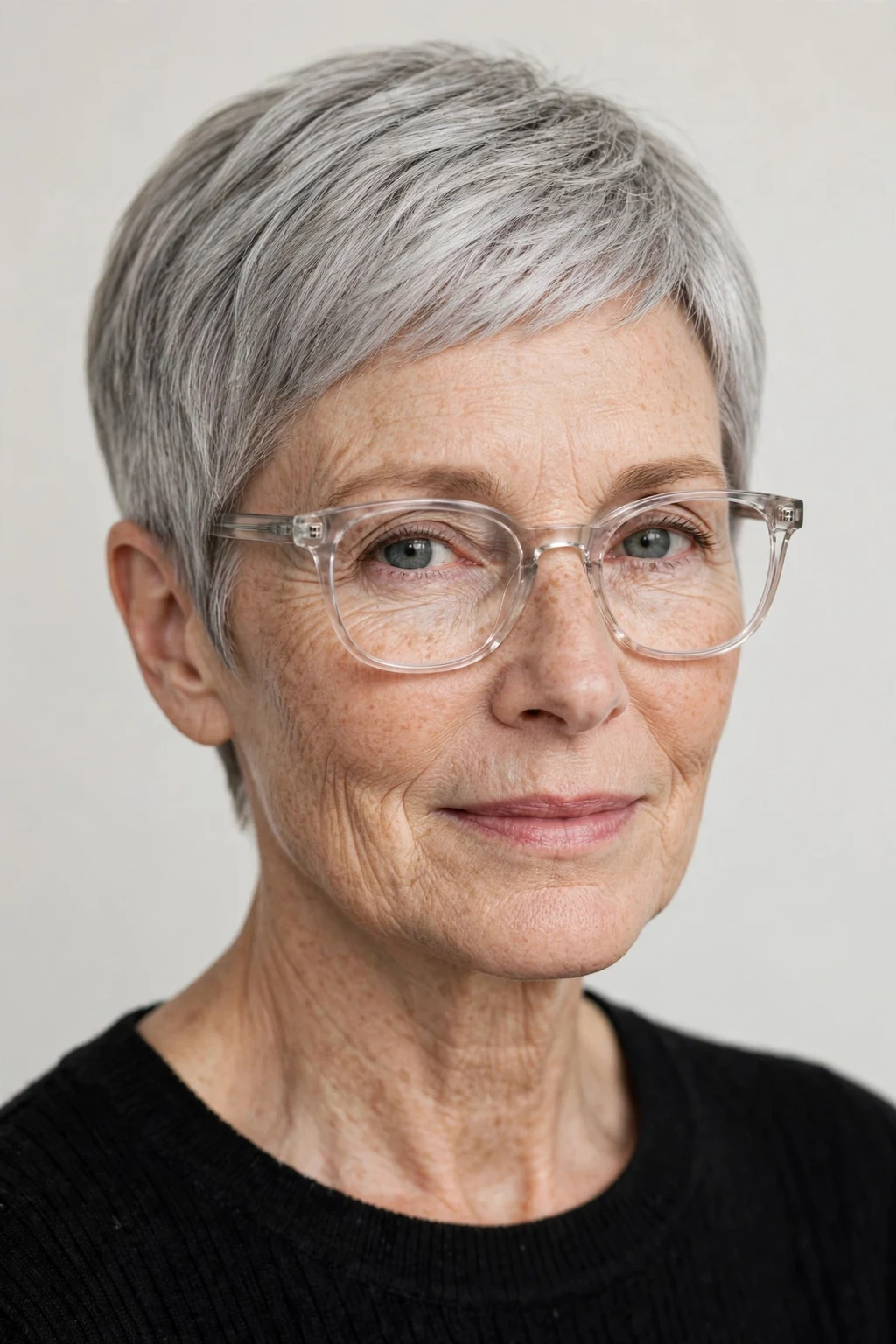 Elegant older woman with fine hair and glasses and tapered pixie, neat graduated shape, refined light.