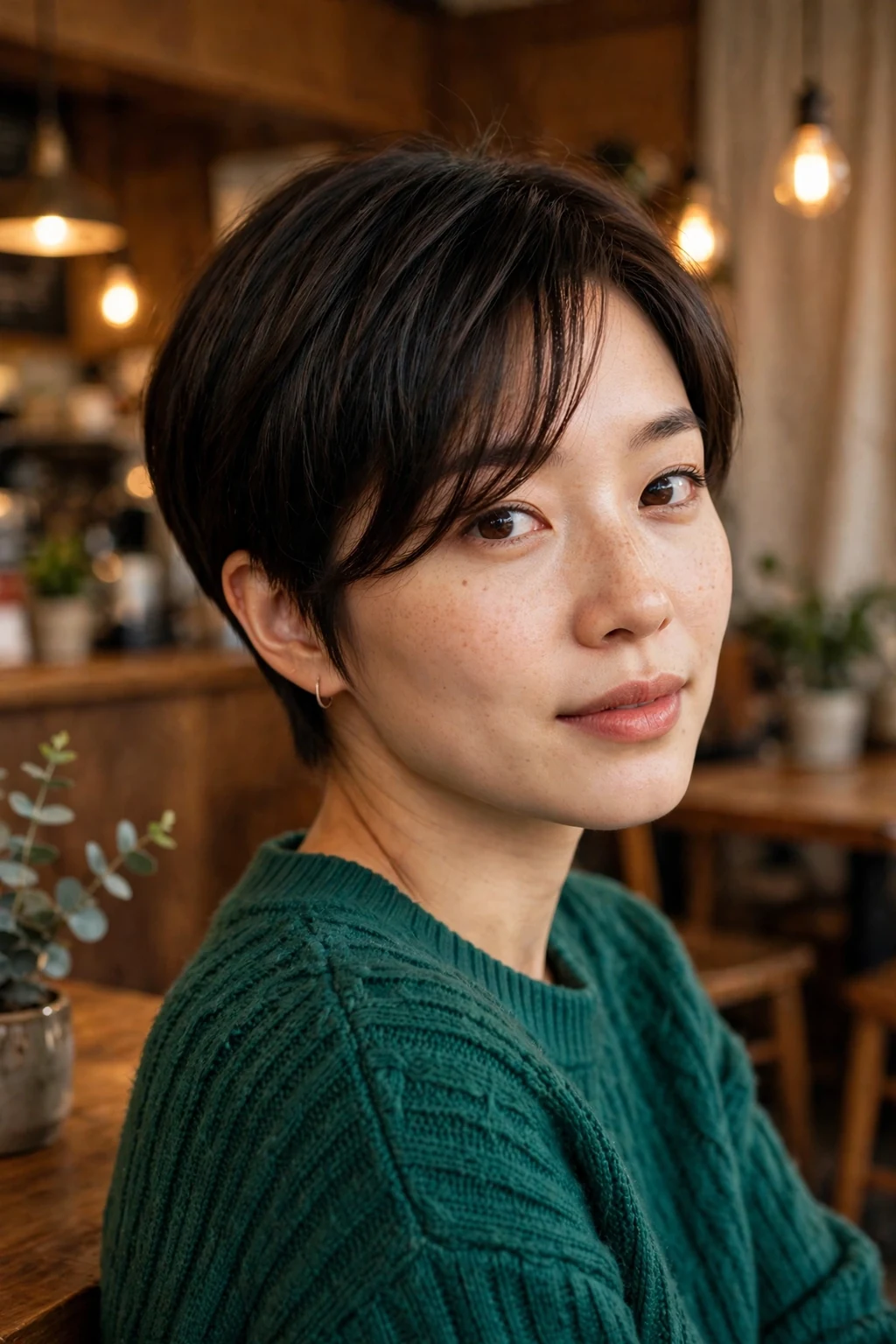 Young woman with a tapered pixie and long side fringe, in a coffee shop.