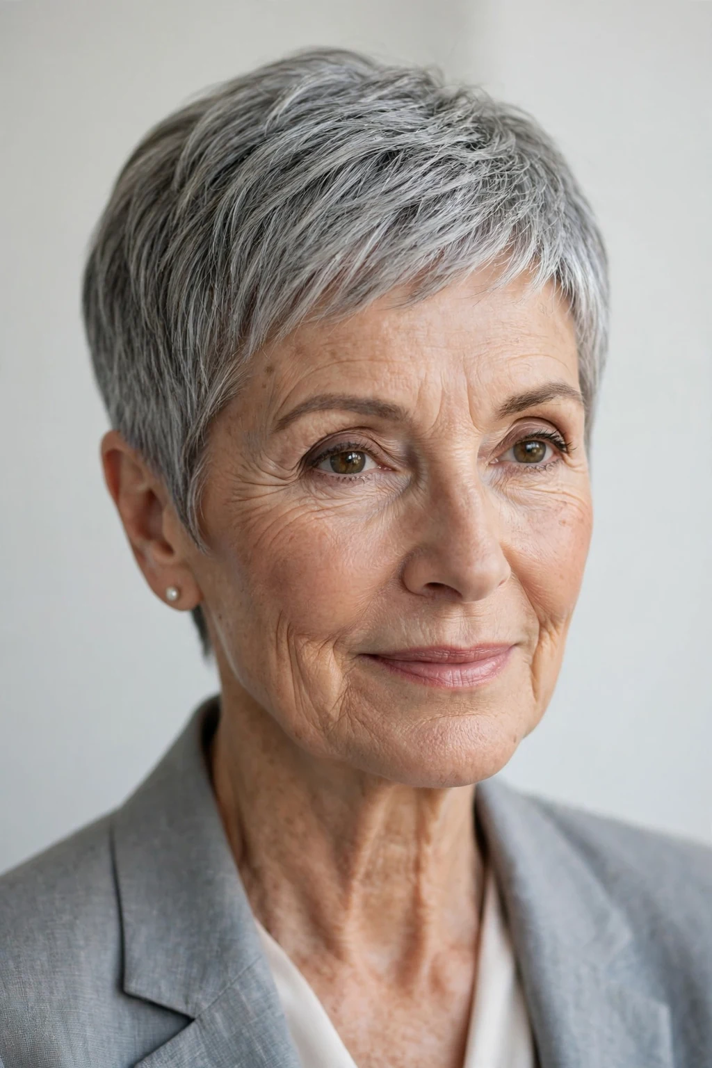 Elegant older woman with tapered pixie, neat graduated shape, refined light.