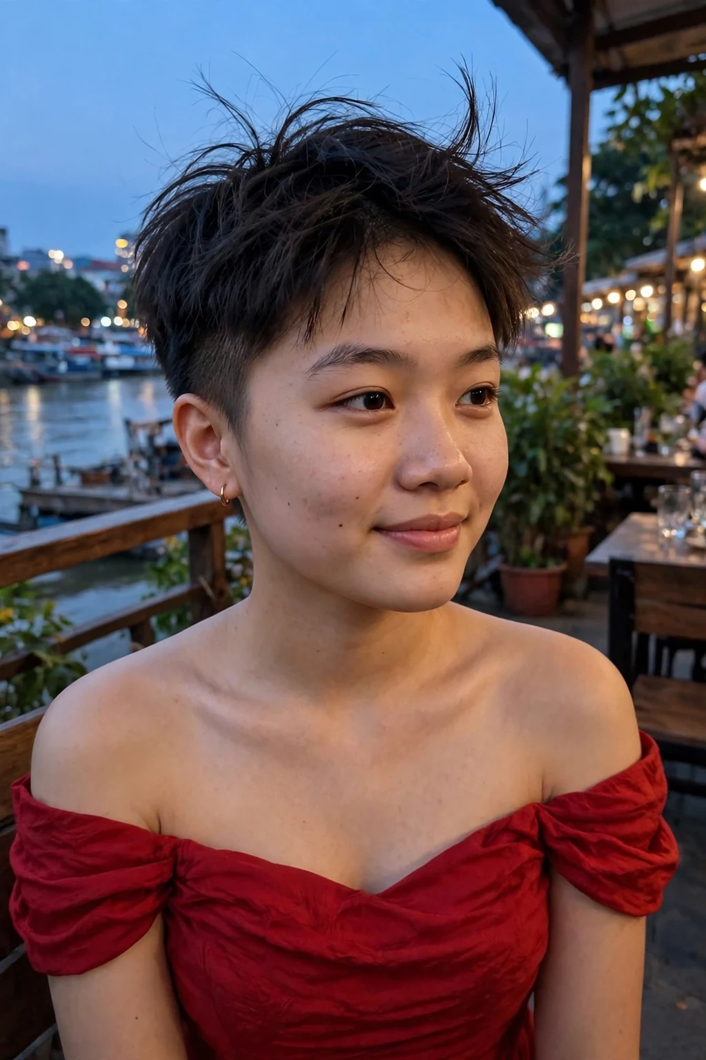 Young woman aged 18 to 20 with tapered pixie with textured crown hairstyle for prom, a riverside restaurant terrace at dusk.