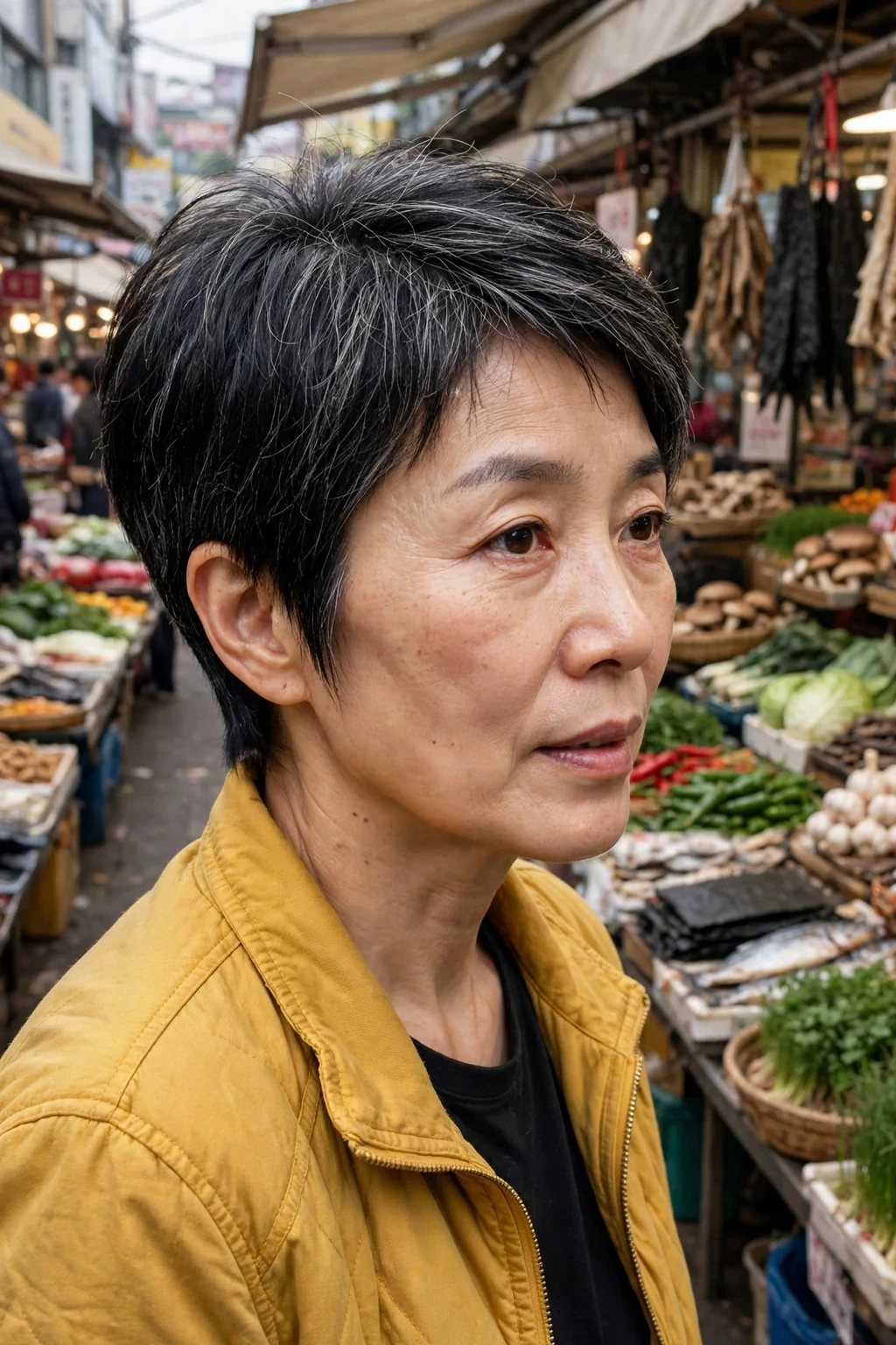 Mature woman over 50 with a tapered pixie with long crown haircut for fine thin hair, styled and full of volume.