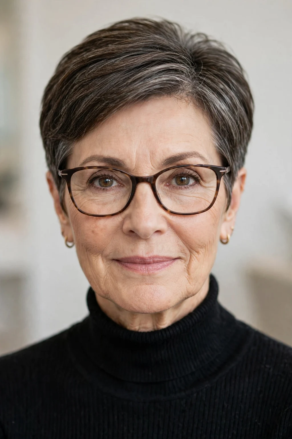 Elegant woman over 50 with glasses and tapered short cut, neat graduated shape, refined light.