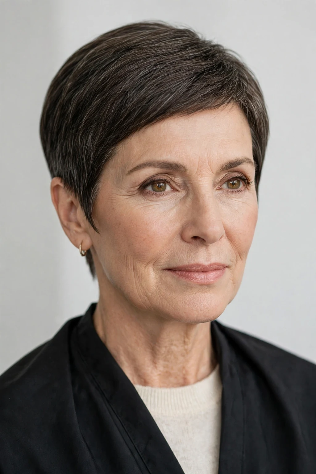 Elegant woman over 50 with tapered short cut, neat graduated shape, refined light.