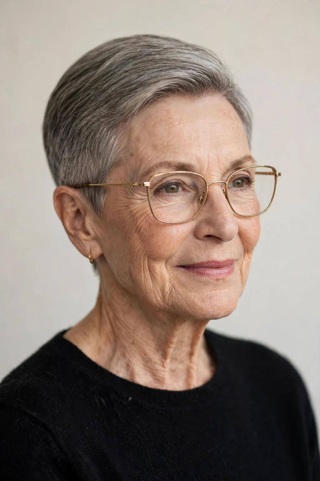 Elegant woman over 60 with glasses and tapered short cut, neat graduated shape, refined light.