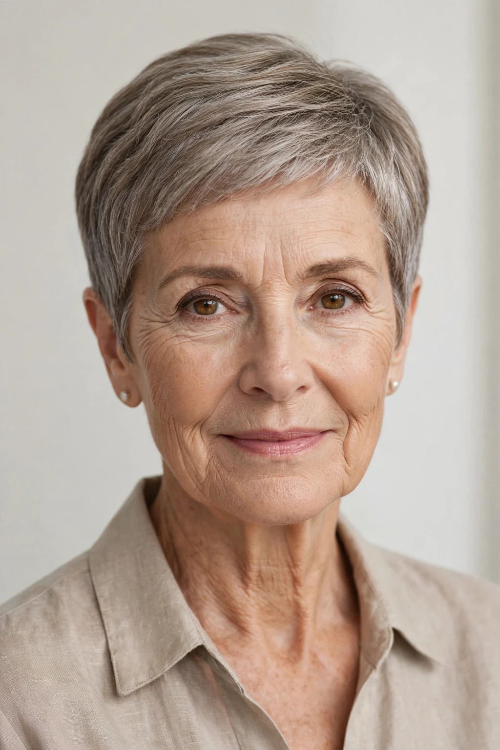 Elegant woman over 60 with tapered short cut, neat graduated shape, refined light.