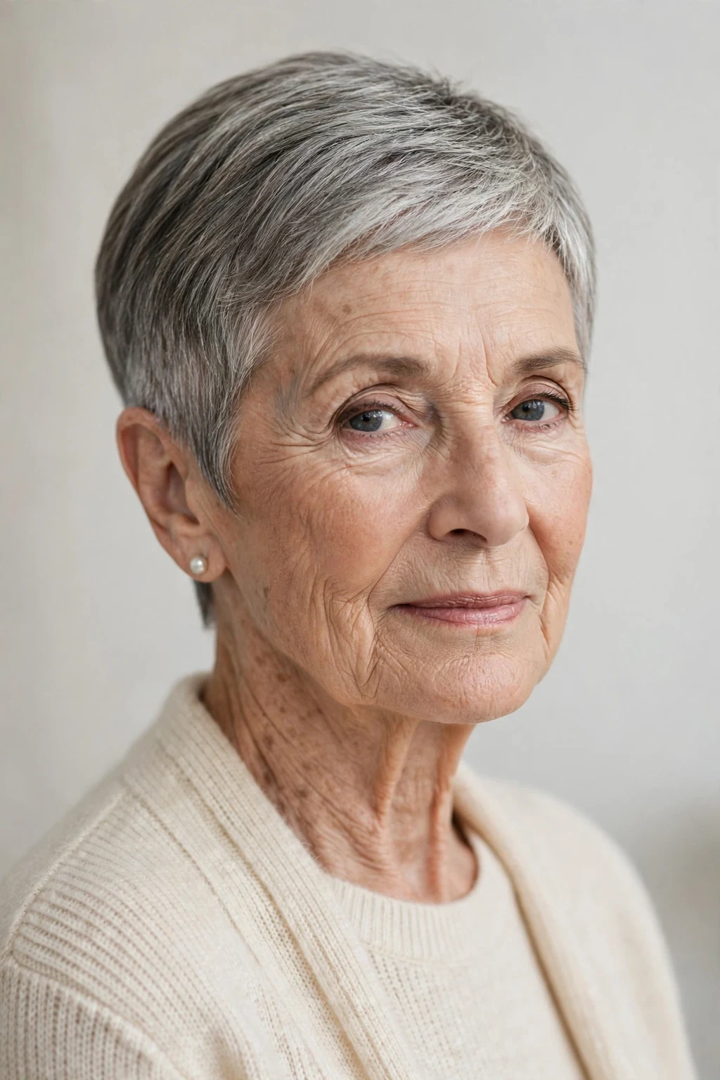 Elegant woman over 70 with tapered short cut, neat graduated shape, refined light.