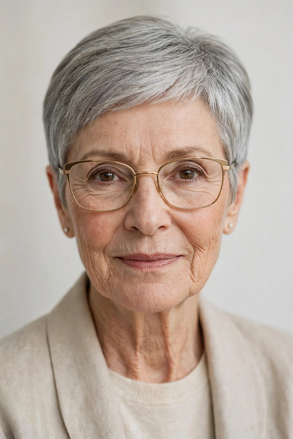 Elegant woman over 70 with glasses and tapered short cut, neat graduated shape, refined light.