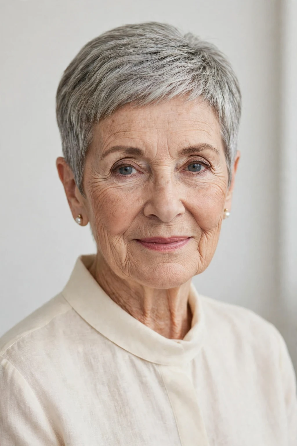 Elegant woman over 70 with tapered short cut, neat graduated shape, refined light.