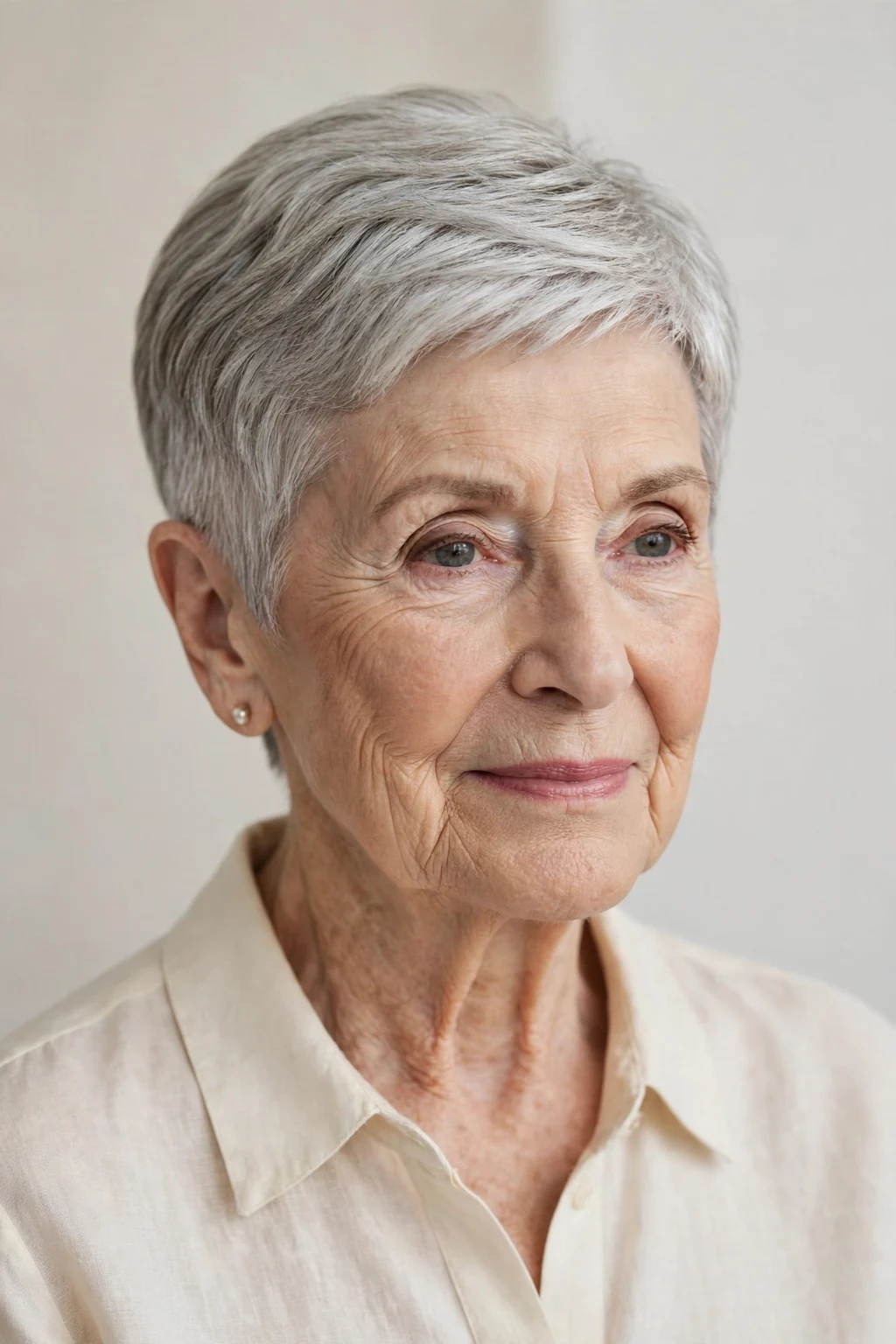 Elegant woman over 80 with tapered short cut, neat graduated shape, refined light.