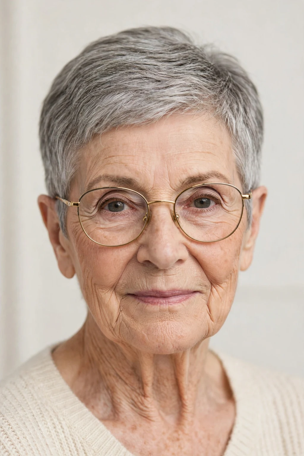 Elegant woman over 80 with glasses and tapered short cut, neat graduated shape, refined light.