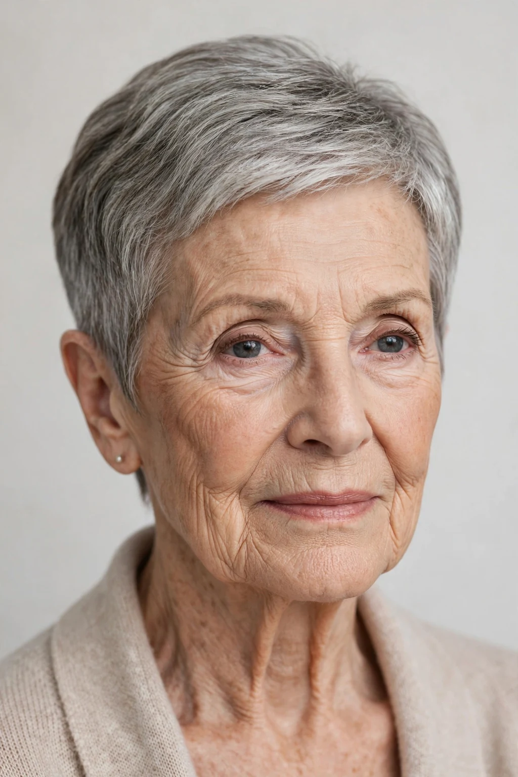 Elegant woman over 80 with tapered short cut, neat graduated shape, refined light.