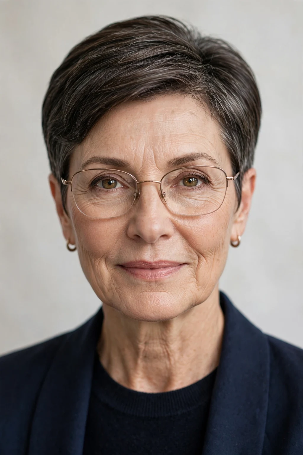 Elegant woman over 50 with glasses and tapered short cut, neat graduated shape, refined light.