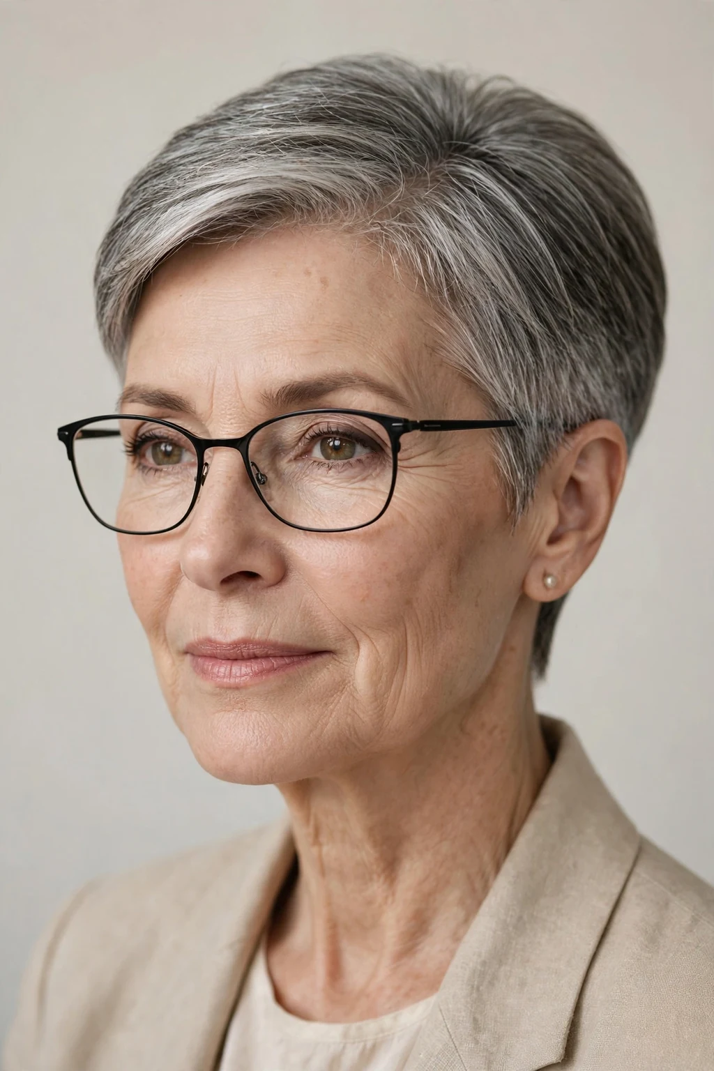 Elegant woman over 60 with glasses and tapered short cut, neat graduated shape, refined light.