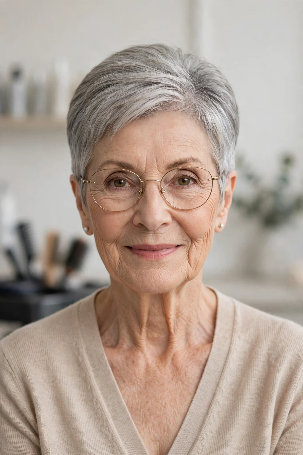 Elegant woman over 70 with glasses and tapered short cut, neat graduated shape, refined light.