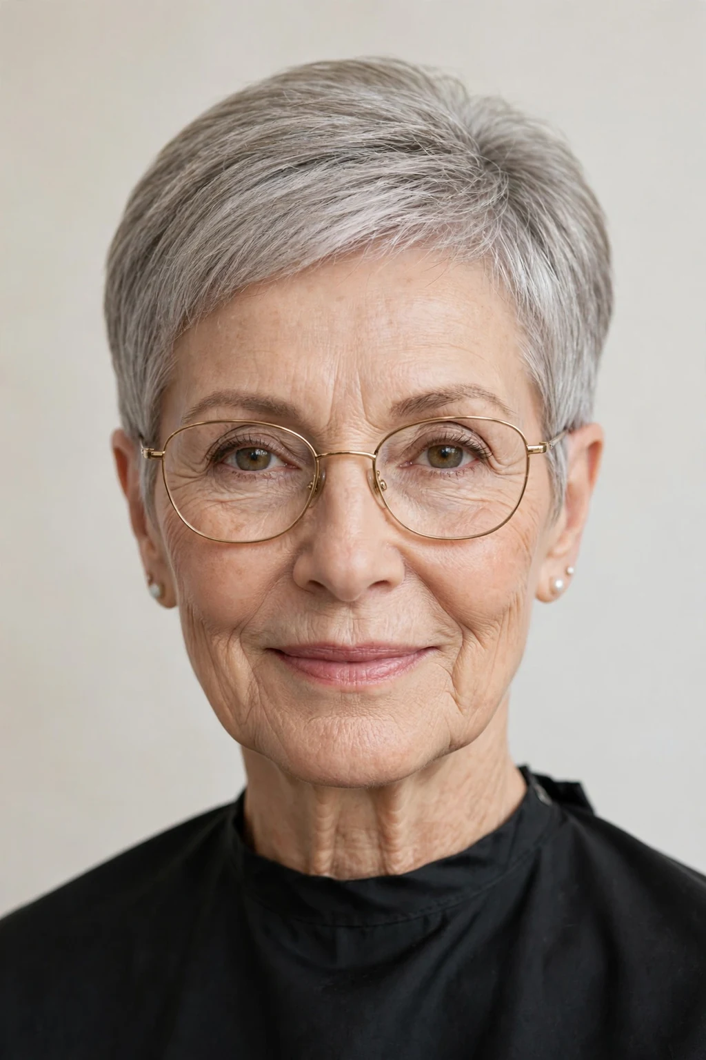 Elegant woman over 60 with fine hair and glasses and tapered short cut, neat graduated shape, refined light.