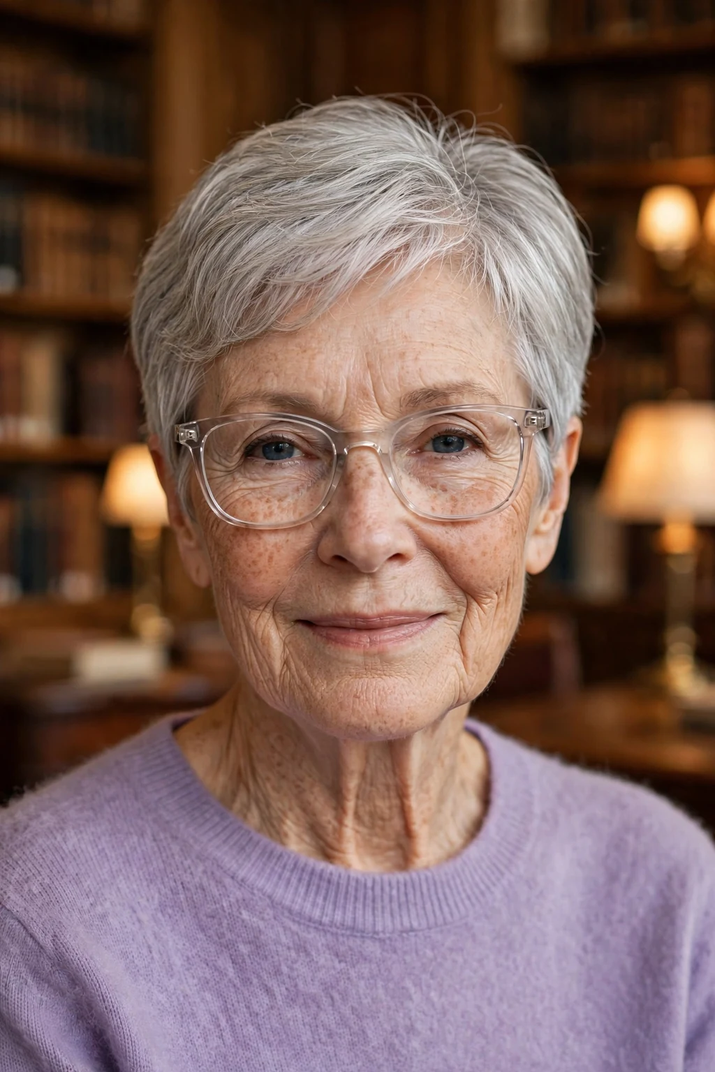 Elegant older woman over 70 with fine hair and glasses and tapered short cut, neat graduated shape, refined light.