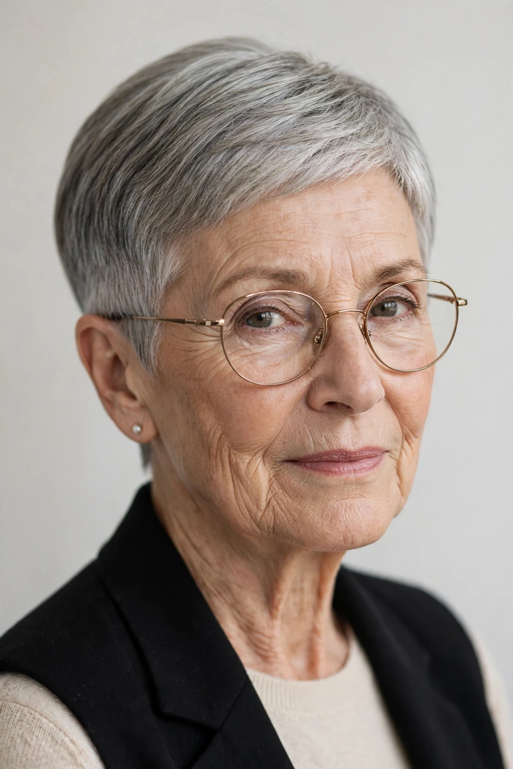 Elegant older woman with glasses and tapered short cut, neat graduated shape, refined light.