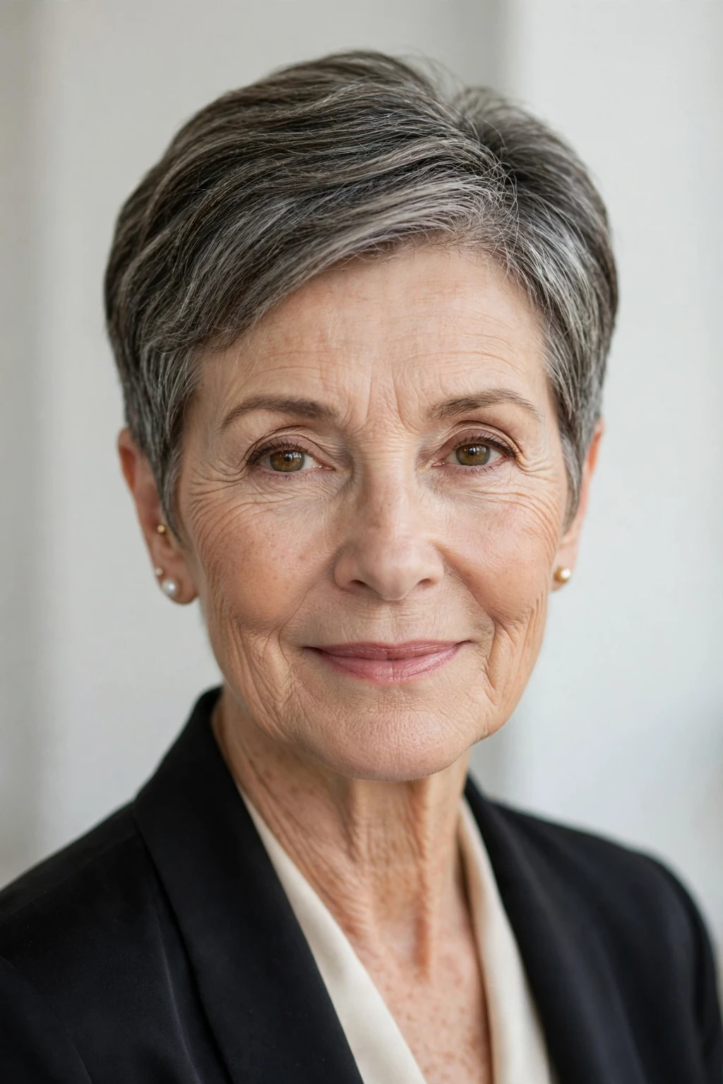 Elegant older woman over 50 with tapered short cut, neat graduated shape, refined light.