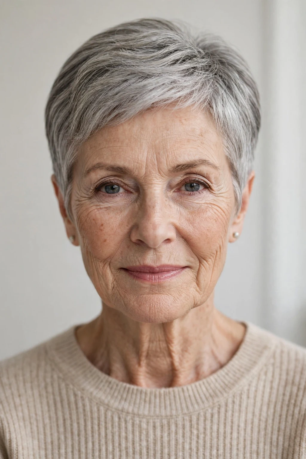 Elegant older woman over 60 with tapered short cut, neat graduated shape, refined light.