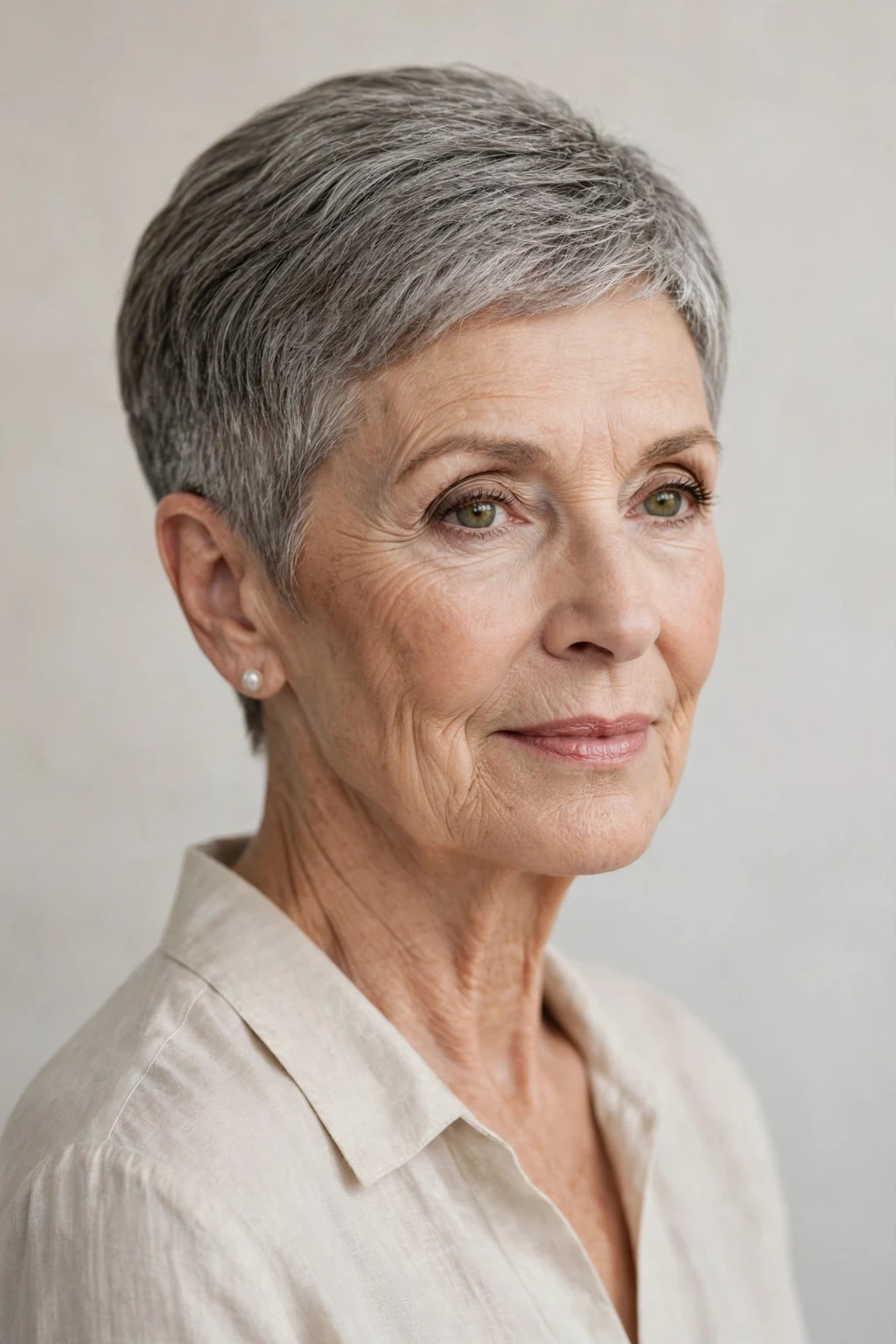 Elegant older woman with tapered short cut, neat graduated shape, refined light.