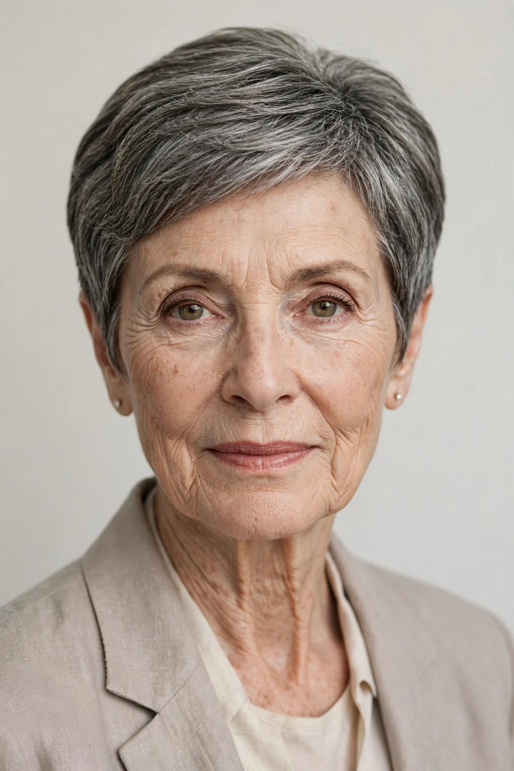 Elegant woman over 60 with tapered short cut, neat graduated shape, refined light.