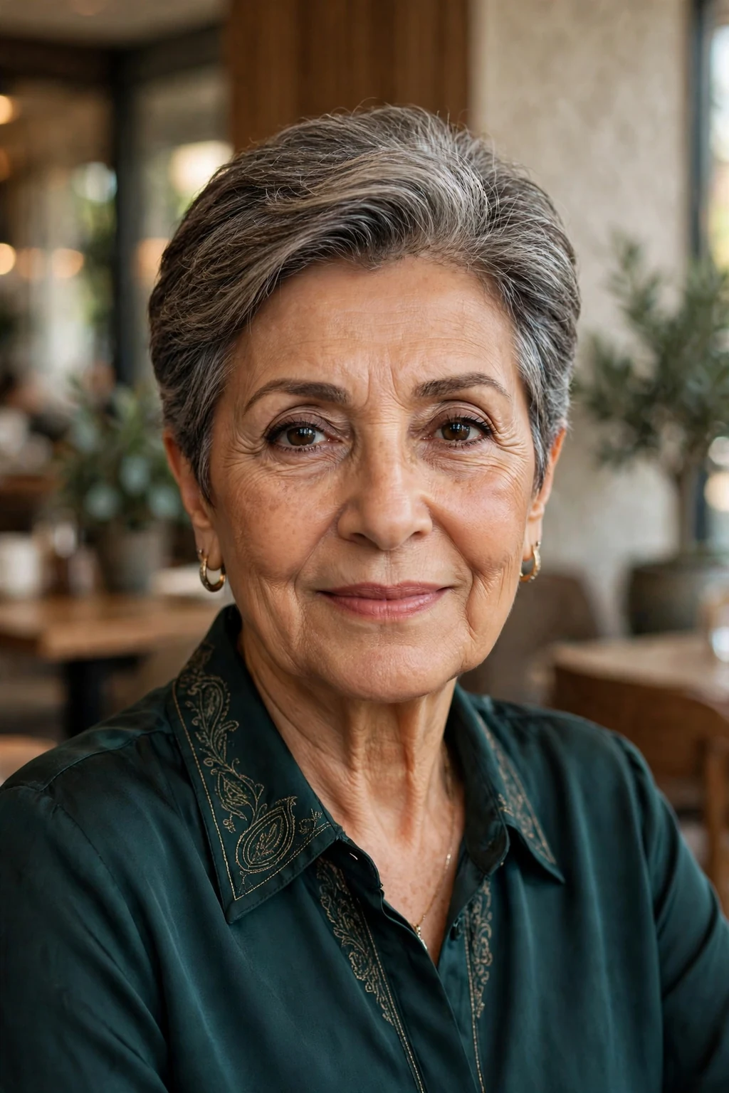 Beautiful older woman with tapered wash-and-wear, elegant tapered cut, refined light.