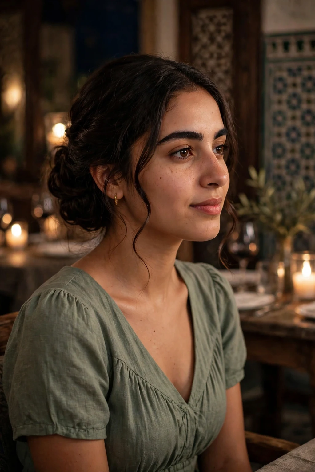 Young woman with a romantic chignon wearing a sage-green dress in a candlelit restaurant.