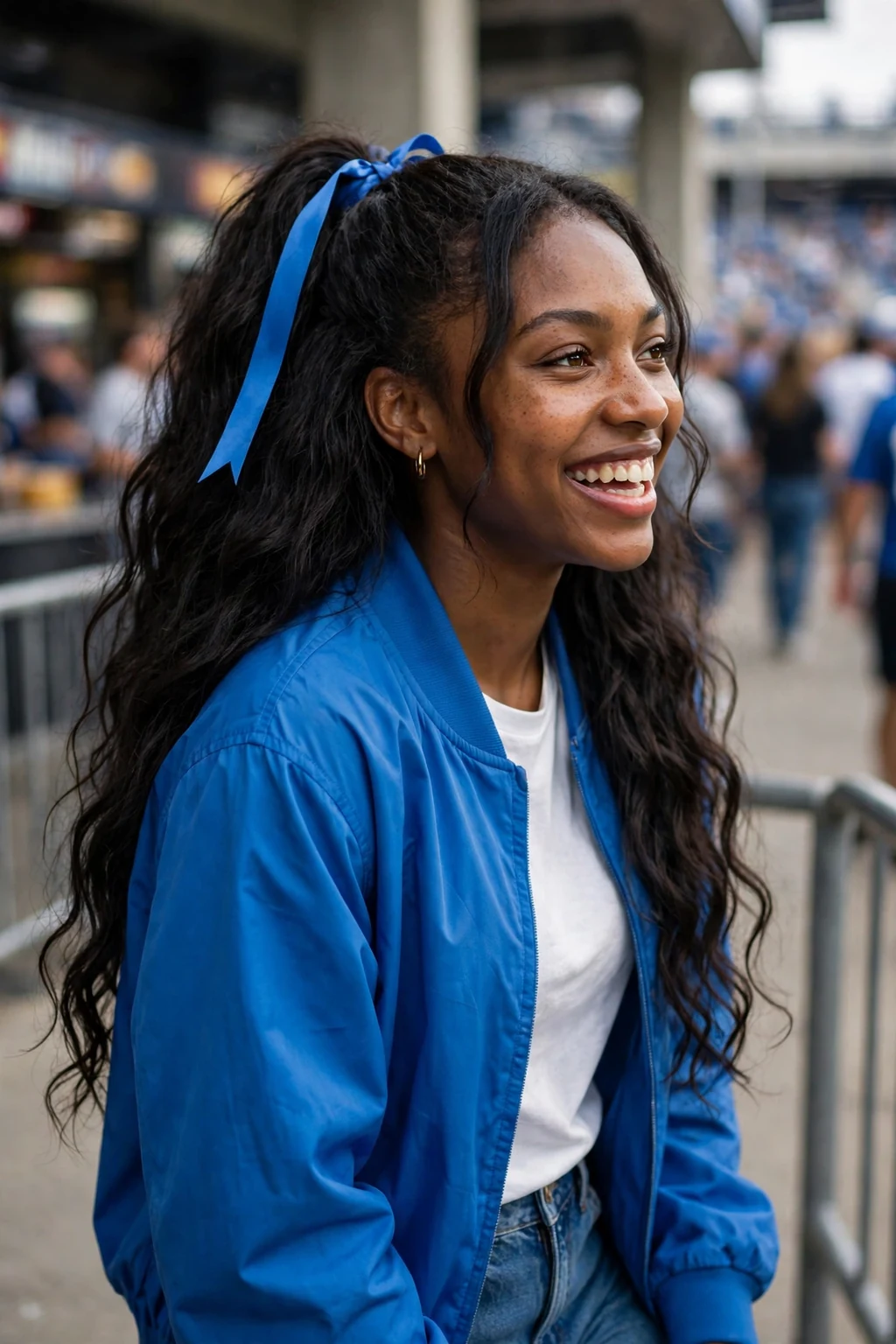 Young woman at a football game in team colors with a high ponytail tied with a ribbon.