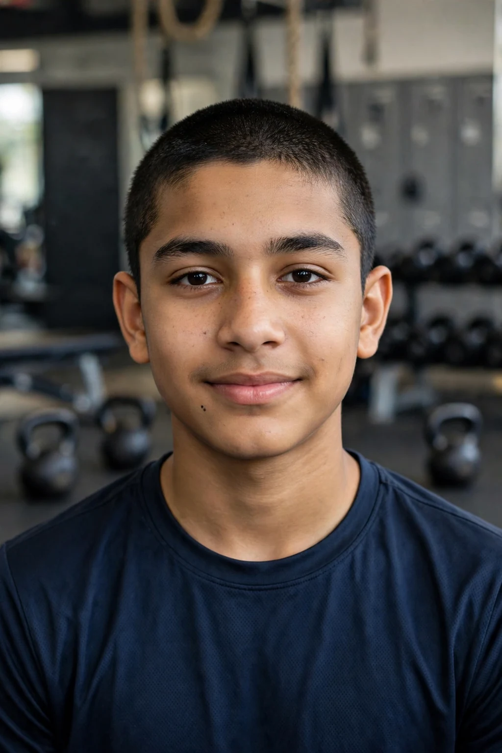 Handsome teen boy with buzz cut, clean teen buzz cut, sharp light.