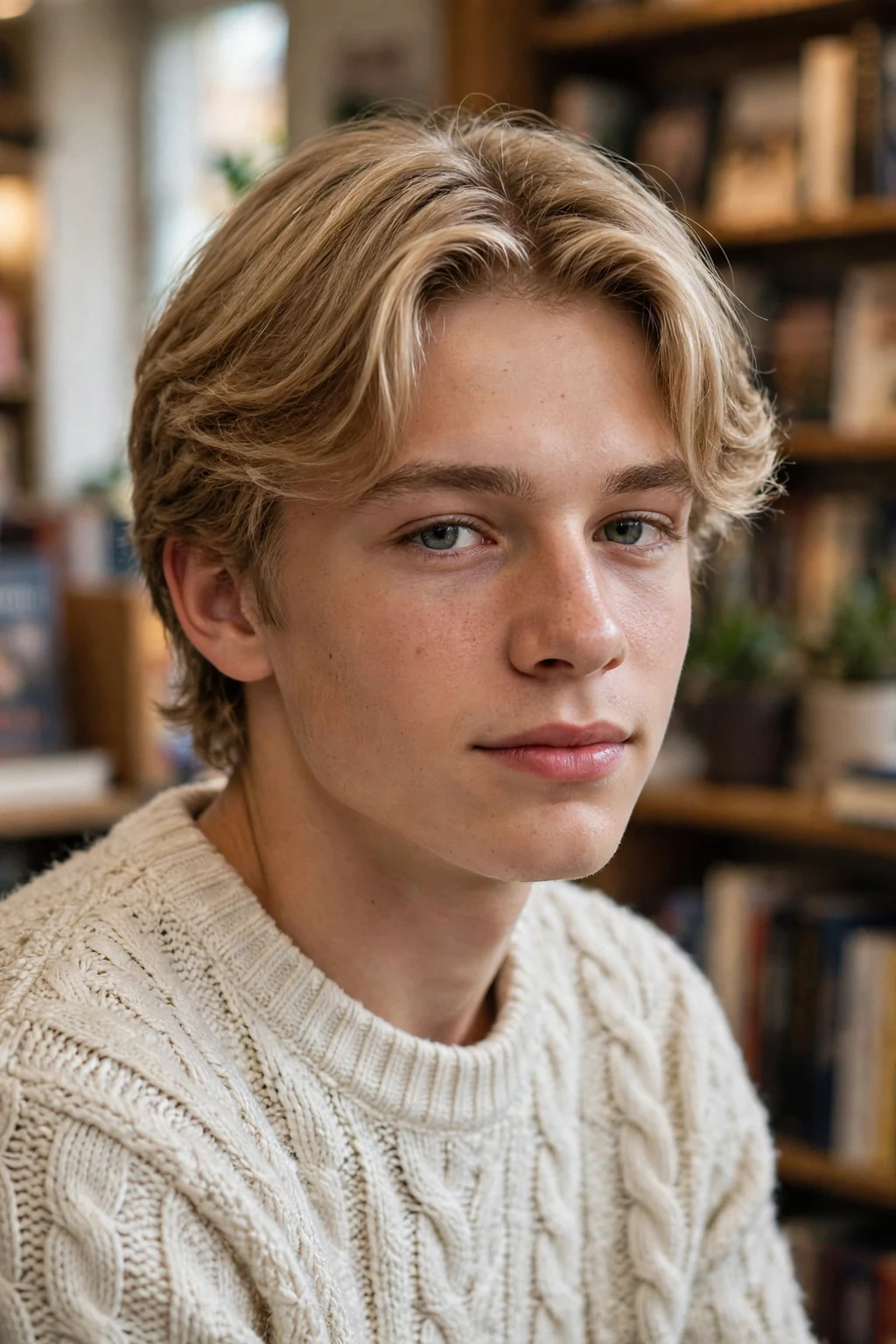 Handsome teen boy with curtain teen cut, soft curtain teen cut, gentle light.