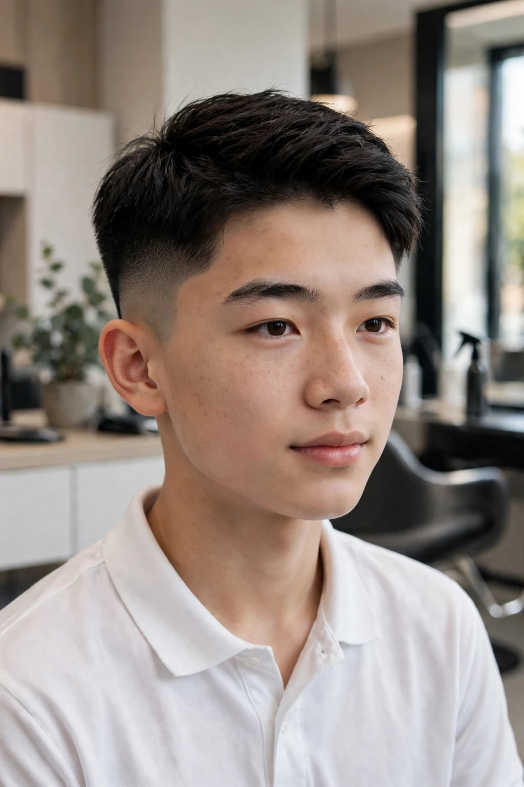 Handsome teen boy with fade haircut, sharp teen fade, clean light.